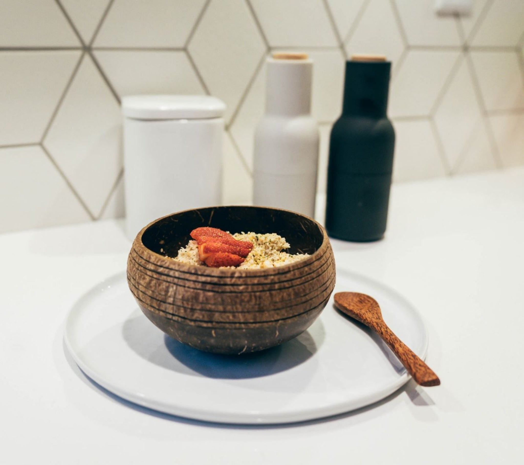 Boho Coconut Bowl with smoothie topped with fresh fruit